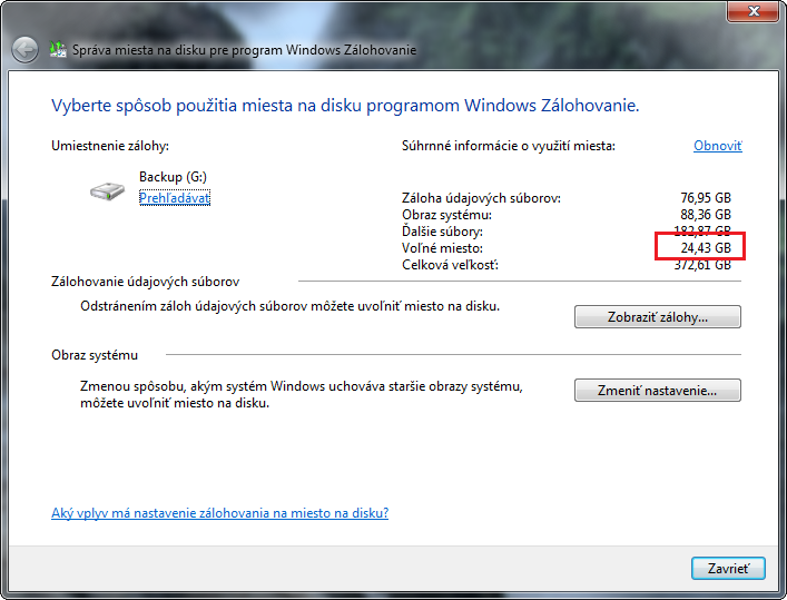 Správa miesta na disku pre zálohovanie Windows 7
